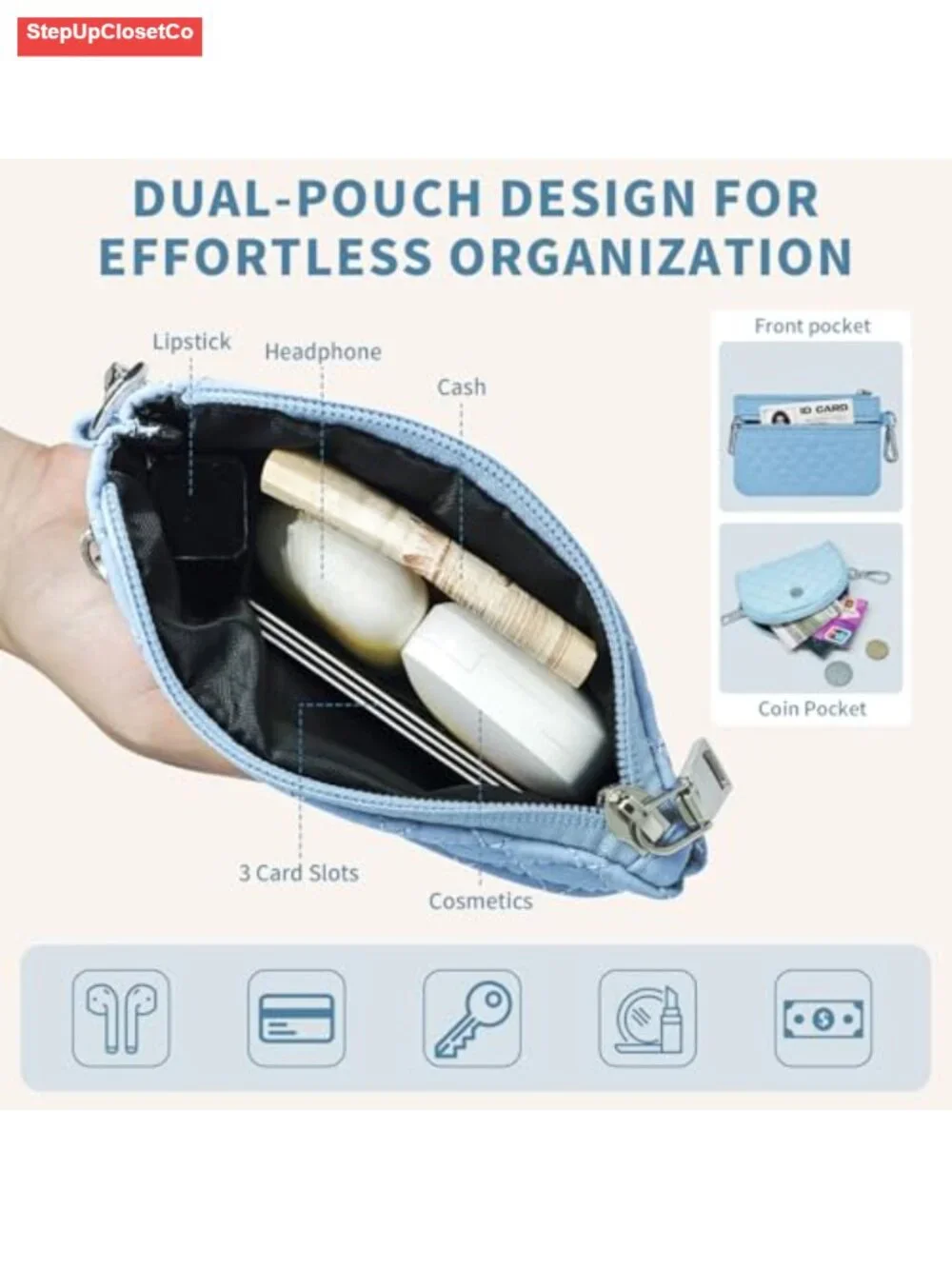 Women's Nylon Wristlet Wallet with Coin Purse and Key Ring
